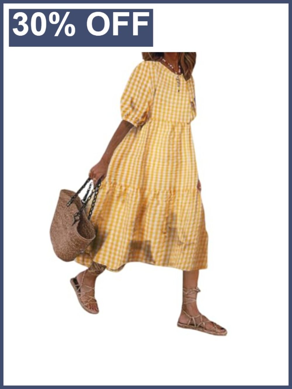 Women's Retro Plaid Swing Midi Dress - Puff Sleeve Tiered Gingham